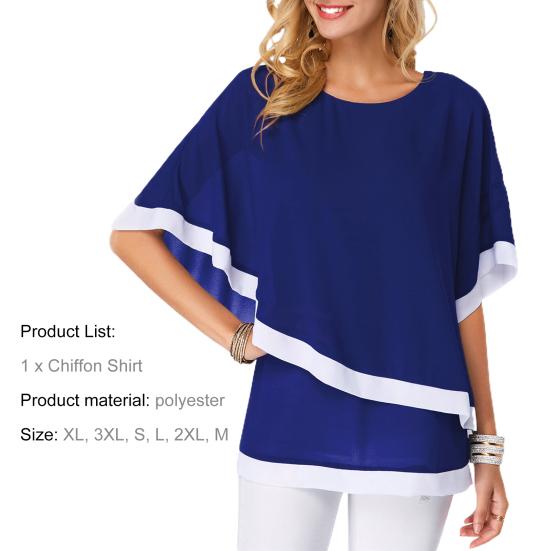 Dámská letní halenka s netopýřími rukávy a temperamentem, s kulatým výstřihem, nepravidelná dvouvrstvá patchworková šifonová košile