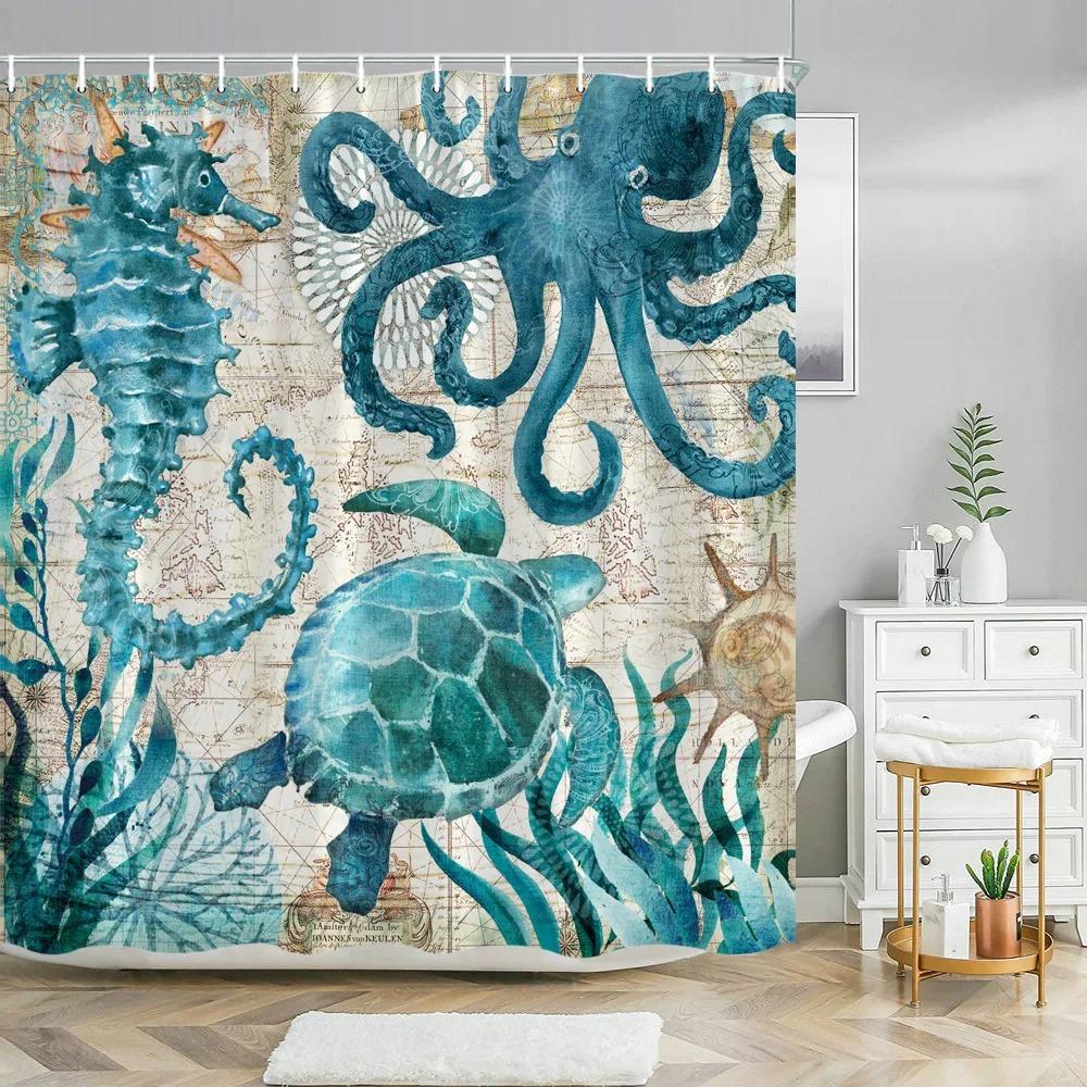 Blue Sea Turtle Shower Curtain Funny Ocean Animal Starfish Coral Tropical Fish Underwater Marine Life Curtains Bathroom Decor