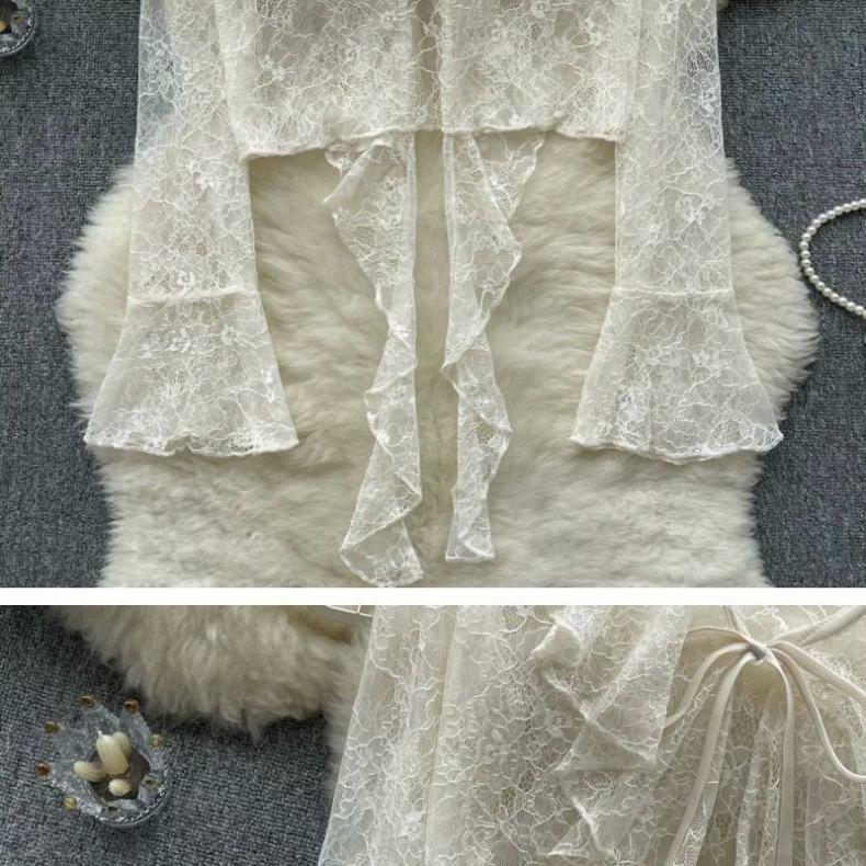 Cardigan estivo in chiffon da donna - Pizzo con balze, Chiusura con laccio sul davanti, Maniche a campana, Sciarpa parasole.