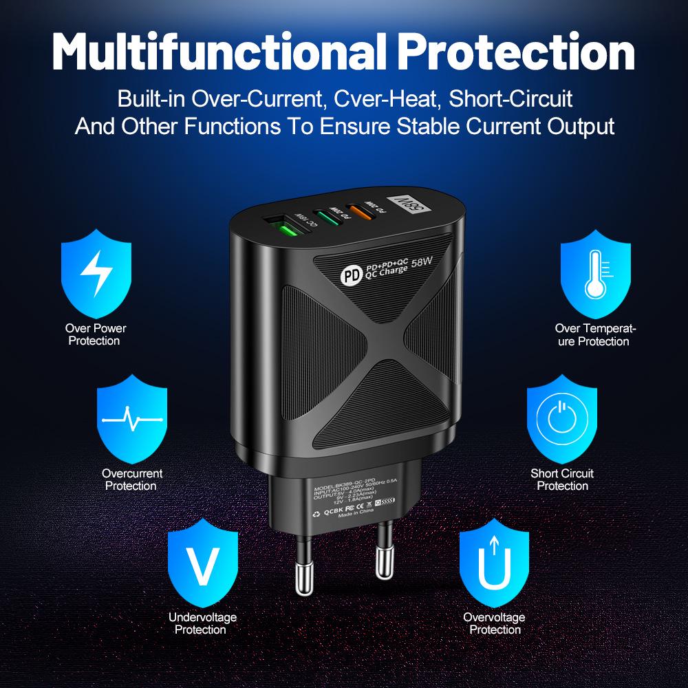 58W Dual Fast Charger with 2PD+QC3.0 USB, EU/US/UK/KR/AU Plug Options