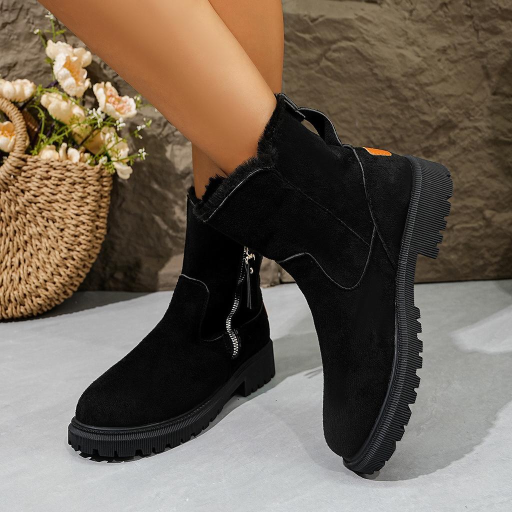 Women's Side Zipper Large Size Soft Sole Winter Warm Anti-slip Fur One Snow Boots Padded Lined Ankle Boots Anti-slip Sports Cotton Boots