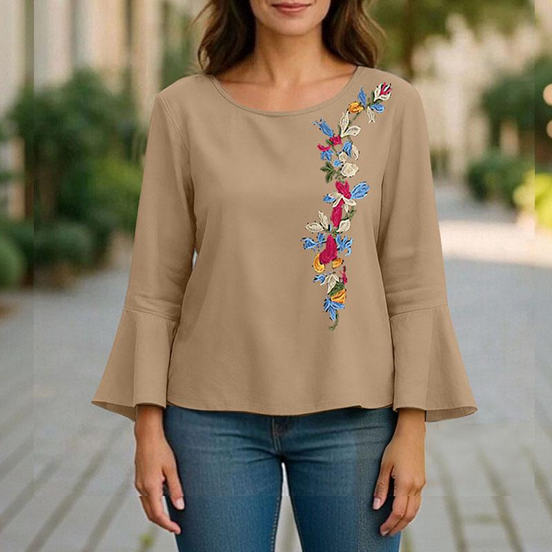 ZANZEA Bluză Casual Brodată cu Mâneci 3/4 Clopot și Gât Rotund pentru Femei