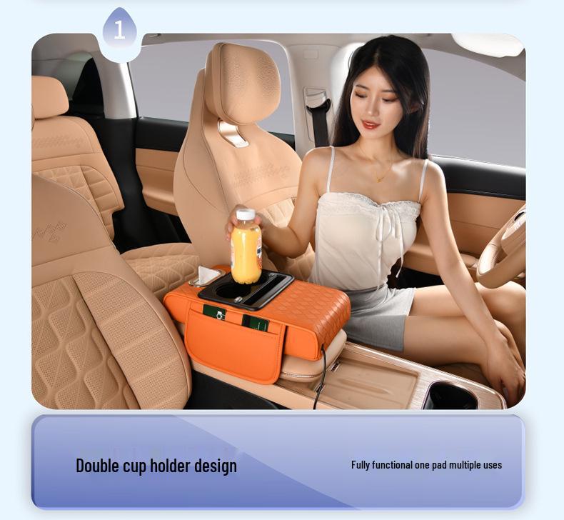 Rhombus Charging Car Armrest with Nappa Leather, Dual Cup Holder, Storage & Tissue Box.