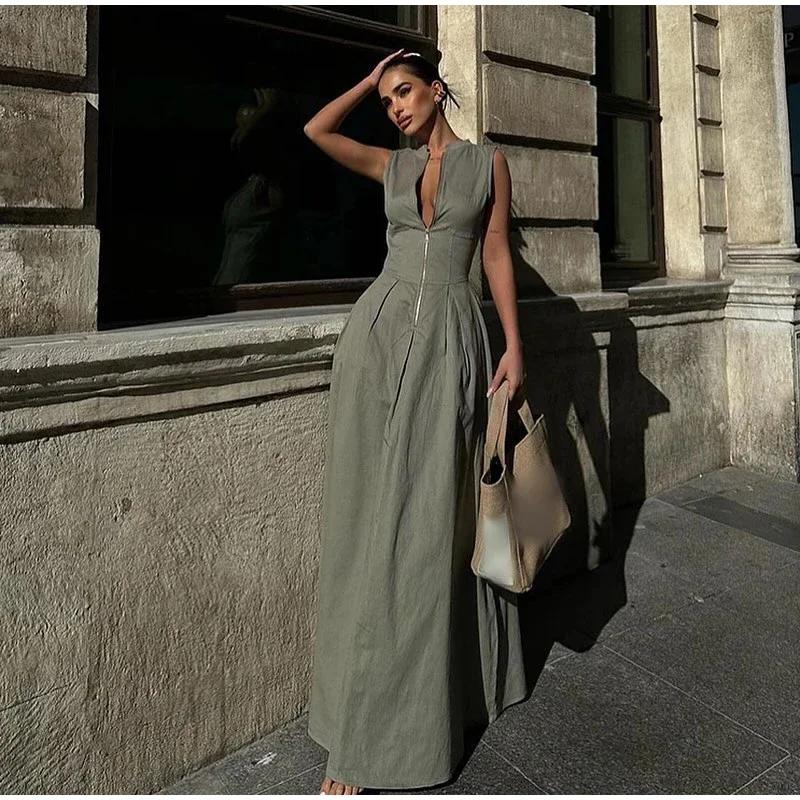 Sleeveless SpliAed Zipper Maxi Dress Women Elegant High Waist Slim Pleated Long Dresses OffiAe Lady Street Robes Female