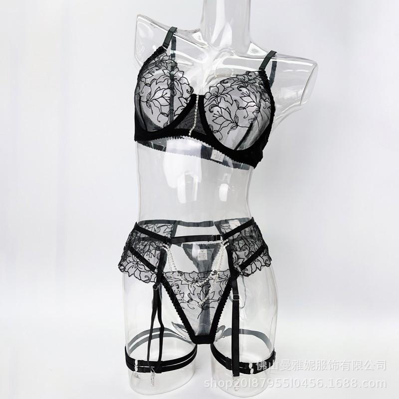 Sexy Lace Embroidery Lingerie Set Sheer Thong With Garter Women Party Costume