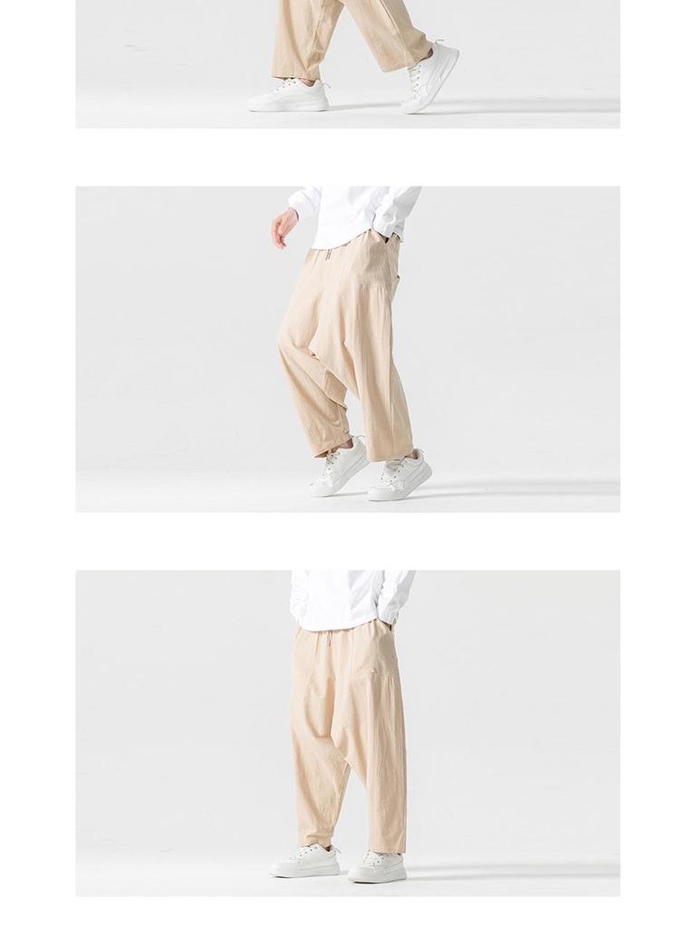2024 Autumn/Winter Men's Cotton Linen Harem Pants - Chinese Style Patchwork, Casual Wide-Leg