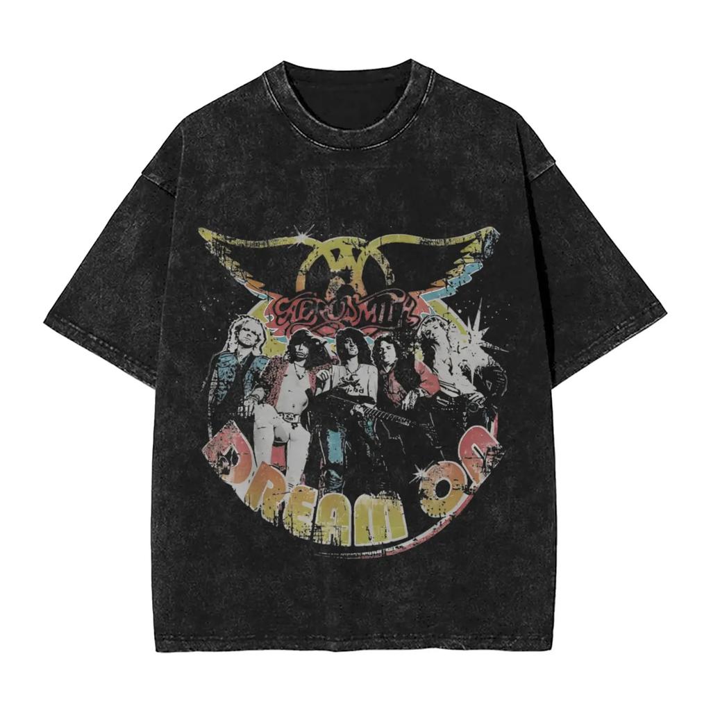 T-shirt Oversize Vintage Lavata con Stampa Grafica Aquila Aerosmith Tour Europeo Rock Band Streetwear