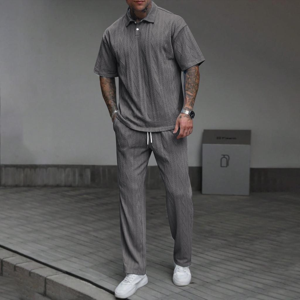 Men's Solid Color Textured Short Sleeved Trousers Suit Men's Casual Suit