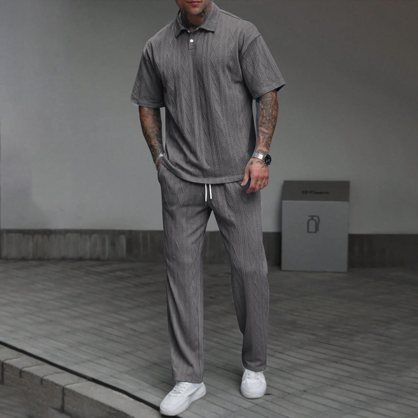 

Мужской однотонный текстурированный костюм с брюками с коротким рукавом Мужской повседневный костюм XL