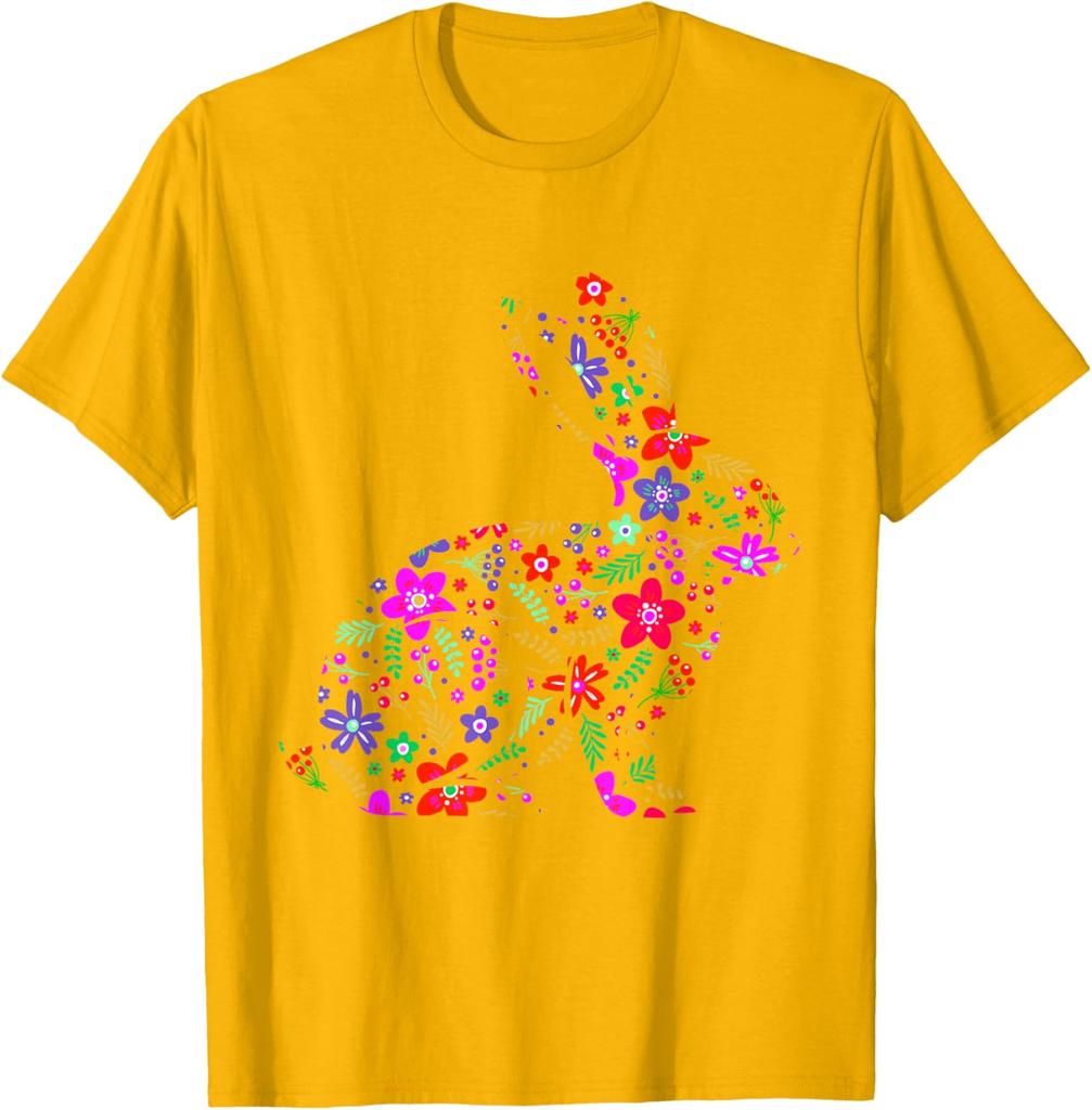 Floral Easter Bunny Rabbit Silhouette Spring Flowers Graphic T-Shirt Men Casual Trip