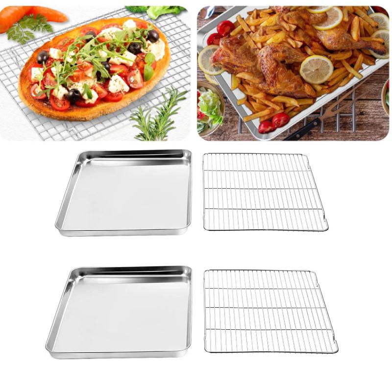 Stainless Steel 4pcs Baking Tray Rack Bbq Roaster Oven Cooling Rack Square Sheet