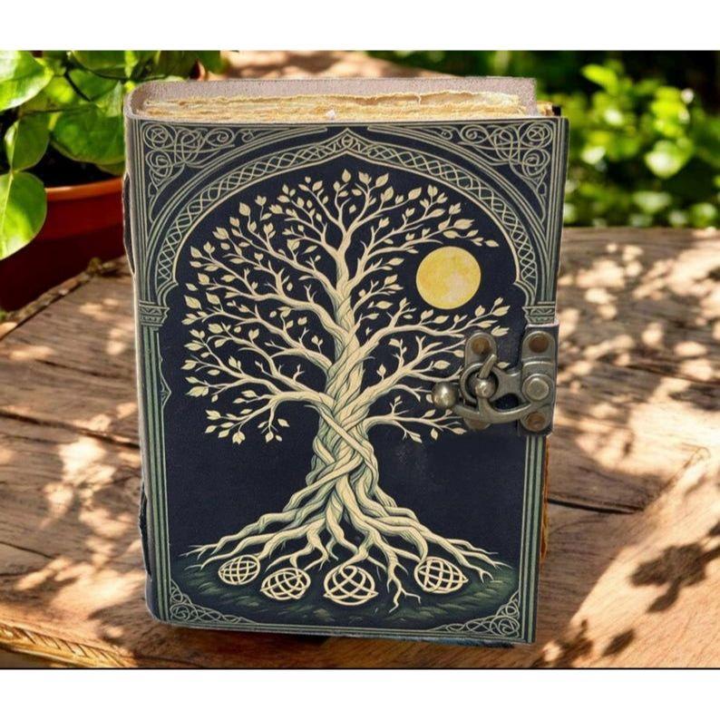 400 Page Large Grimoire Leather Journal, Print Tree of Life Journal, Blank Spell Book Book of Shadows Leather Celestial Gifts For Him Her.