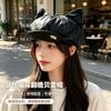 Autumn and Winter Retro PU Cute Cat Ear Beret Women's Face Small Versatile High-end Painter Hat Octagonal Hat