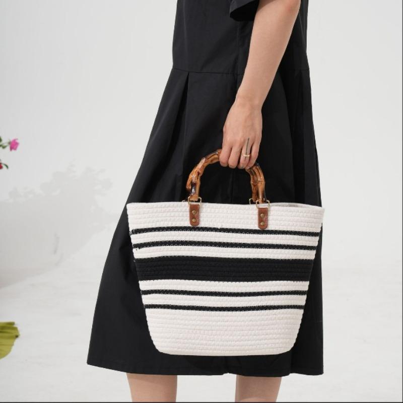 New Striped Hand-held Straw Bag Cotton Rope Machine Nail Woven Bag Large Capacity Seaside Vacation Tote Beach Bag
