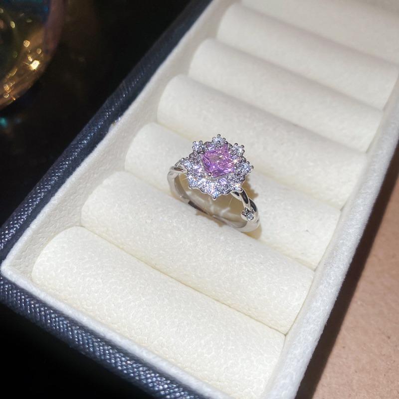 Super flash zircon geometric round rhombus flower opening ring fashionable versatile index finger ring light luxury high-end ring