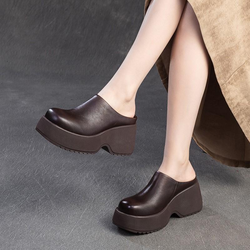 Johnature Thick Soled Wedges Slippers Retro Genuine Leather Solid Color Women's Platform Shoes