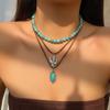 European and American Jewelry Retro Imitation Turquoise Sweater Chain Niche Beaded Necklace Set Ethnic Style Cactus Necklace Decoration