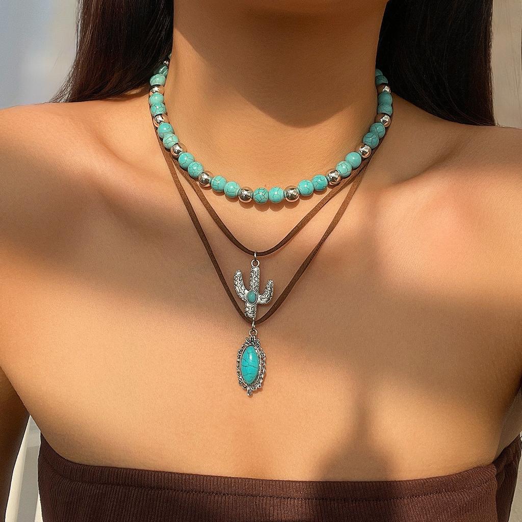 European and American Jewelry Retro Imitation Turquoise Sweater Chain Niche Beaded Necklace Set Ethnic Style Cactus Necklace Decoration