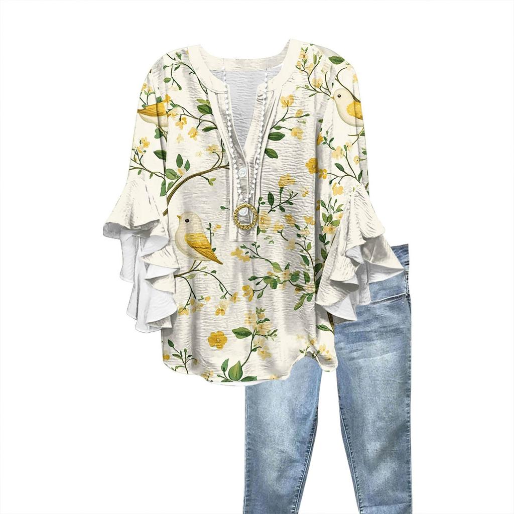 Women's Fashion Casual Button V-Neck Seven Sleeve Vintage Printed Shirt Top