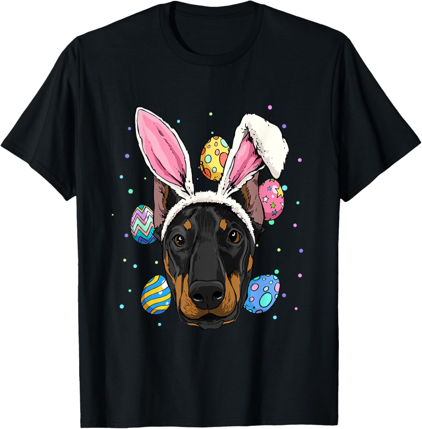 

Doberman Easter Bunny Ears and Eggs Graphic Tee Short Sleeve Casual Round Neck T-Shirt 4XL