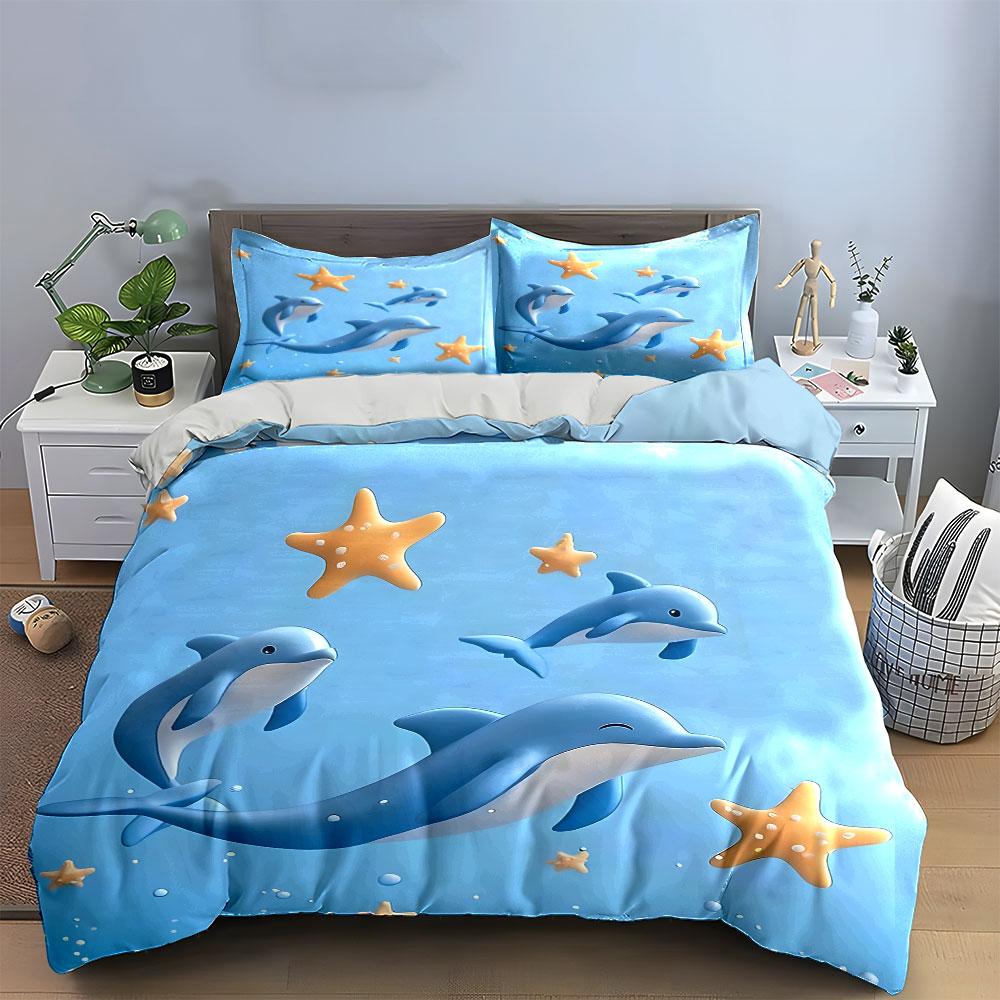 Cute Dolphin Starfish Decoration Set Bedding Set with 1 Duvet Cover 2 Pillowcases Single Double King Queen, Gift