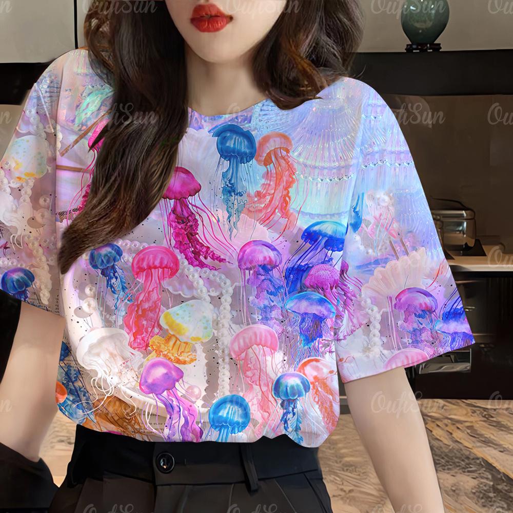 Modny T-shirt damski z krótkim rękawem z okrągłym dekoltem na co dzień 2024 z nadrukiem zwierząt morskich, koszulka plus size, damski letni luźny T-shirt