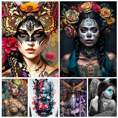 5D DIY Diamond Painting Skull Face Woman Rhinestone Mosaic Tattoo Girl Diamond Embroidery Art Mosaic Home Decor Handmade Gift