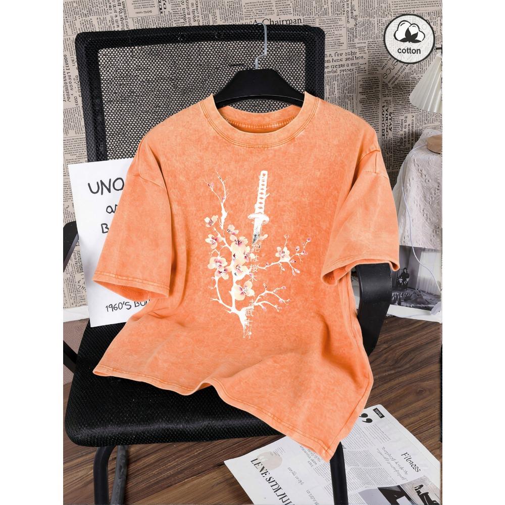 

Japanese Cherry Blossom Sword Design Washed T Shirt Women Cotton Summer T-Shirt Casual Y2K Loose Short Sleeves Tops S