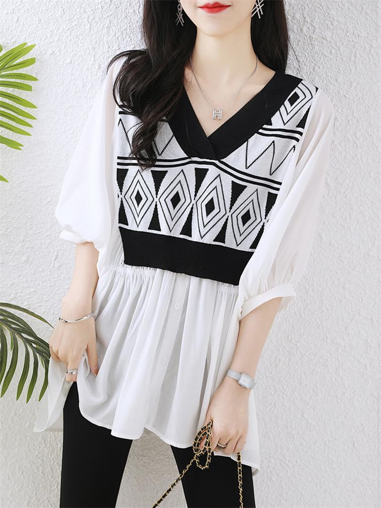 [ZHENGTU] Women's Blouse Top – V-Neck, 3/4 Sleeve, Layered Summer Shirt, White, Size XL