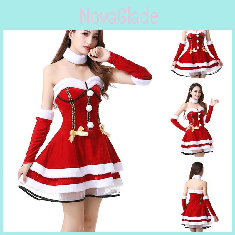 Festliches rotes Weihnachtsfrau-Kostüm für Damen, weich und dehnbar