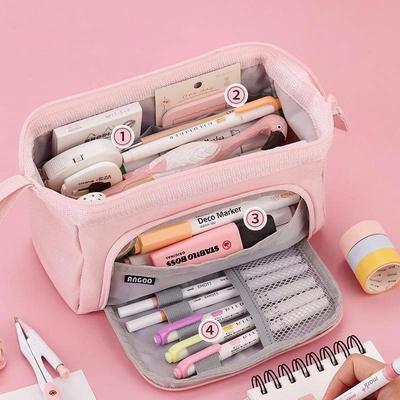 Estuche multifuncional coreano de gran capacidad para lápices, estuche de lona de doble capa para bolígrafos, papelería portátil para estudiantes, material escolar