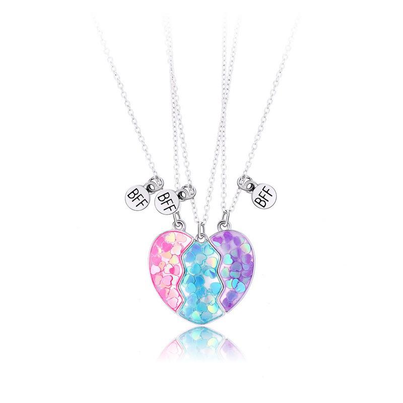Kids Pendant Necklace Set Alloy Heart Charm Magnetic Pink Blue Purple Trio Sweet Style Childrens Jewelry