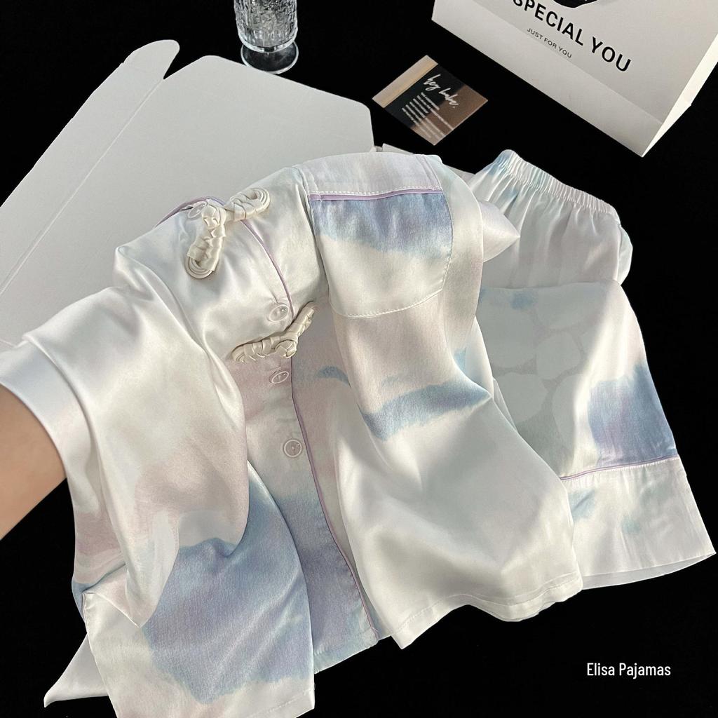 New Chinese Style Ice Silk Pajamas for Women: Cardigan Lapel with Retro Frog Button, Floral Design Home Wear.