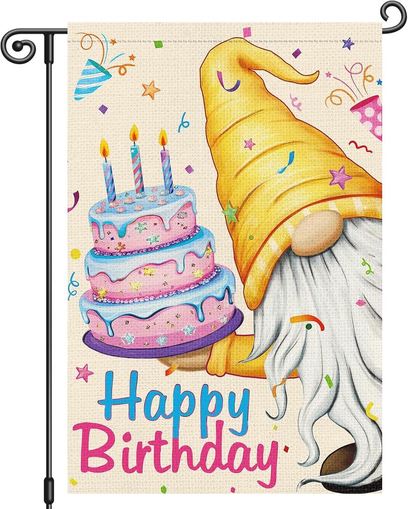 Louise Maelys Happy Birthday Garden Ag Gnome with Cake Welcome 12x18 Inch Double Sided Small Burlap All Seasonal Party Hol EEL
