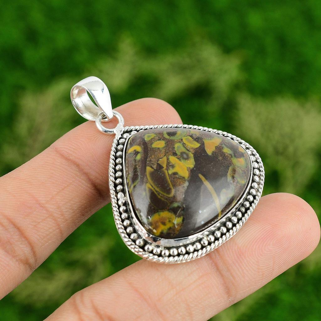 Pear Rhyolite Stone Wedding Birthday Bezel Mother Pendant 925 Sterling Silver