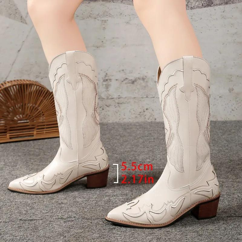 2025 Aukšti Batai Moteriški Rudens Vintažiniai Smailianosiai Išsiuvinėti Auliniai Siauri Vesterniški Kaubojiški Batai
