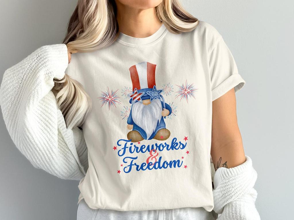 Patriotic Gnome T-Shirt, Fourth of July Fireworks Freedom Tee, Americana USA Flag top