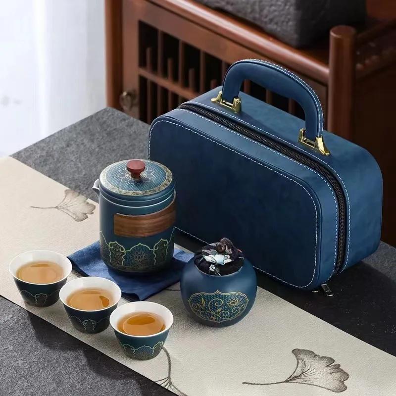 Teiera e tazza in ceramica Set da tè Teiera Kung Fu Set da tè Jun Kiln Change Teiera e tazza da tè Set da tè cinese Alluvial Gold Tazza