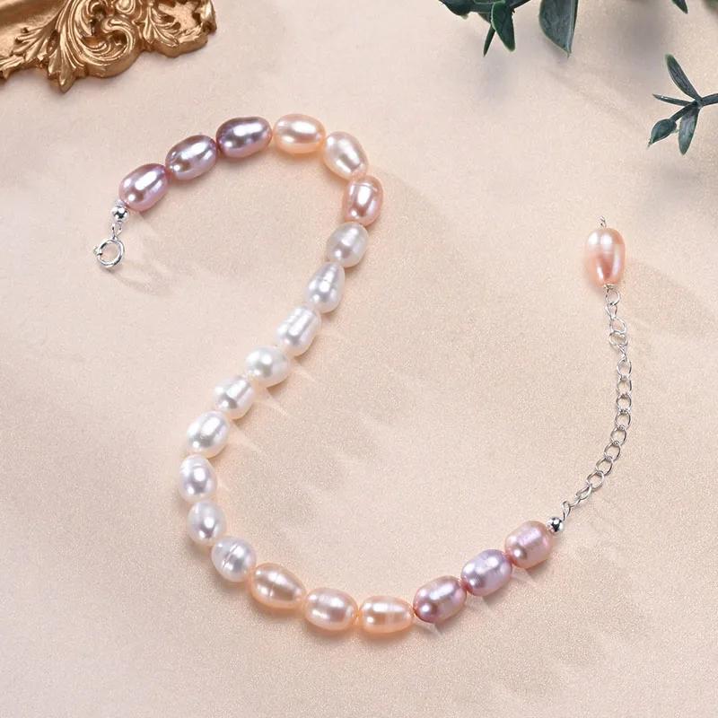 HENGSHENG Fashion 6-7mm Rice Shape Freshwater Pink Purple Mixed Color Bracelet 925 Sterling Silver Jewelry Gift for Women Girls