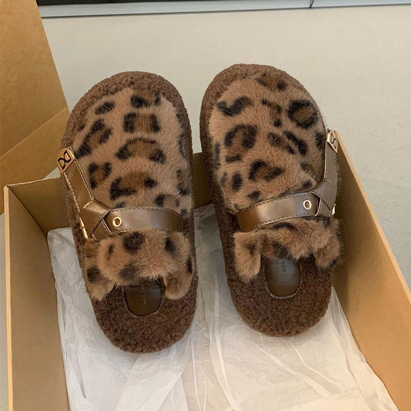 Mao Mao shoes women's winter velvet outer wear lazy one-pedal women's shoes 2025 new thick-soled leopard print bag head half slippers