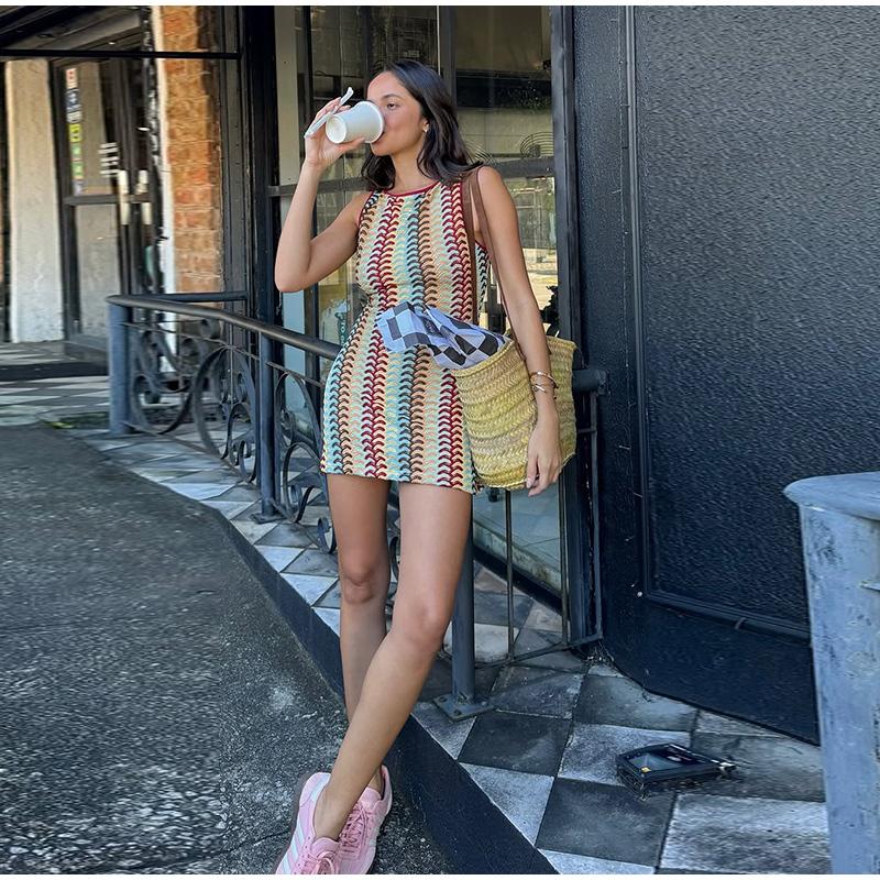 Summer New Style European and American Style Crocheted Floral Contrast Color Sleeveless Dress