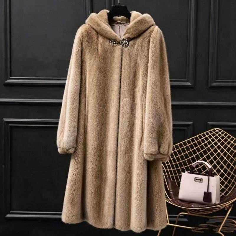 Womens Faux Mink Fur Coat Mid-Length Hooded Winter Warm Outerwear Elegant Casual Wear
