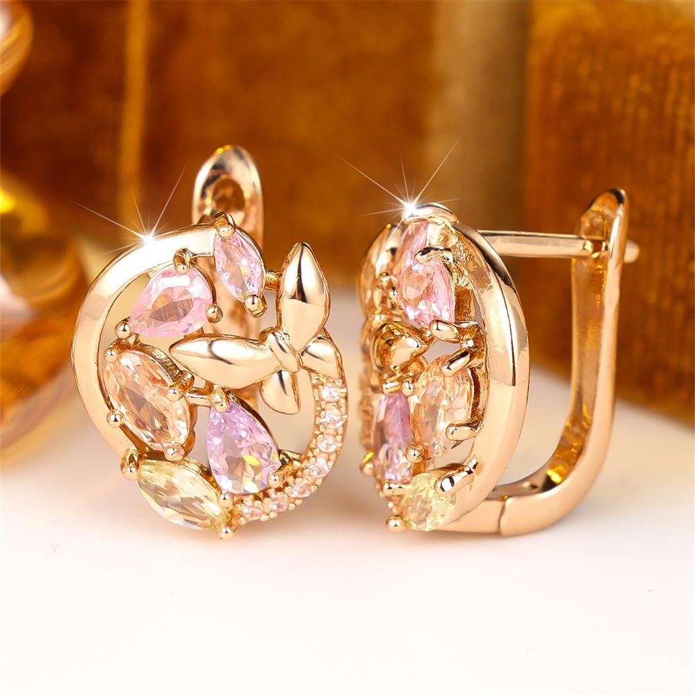Multicolor Zircon Water Drop Stone Butterfly Hoop Earrings For Women Trendy Gold Color Ear Buckle Wedding Jewelry Versatile Gift
