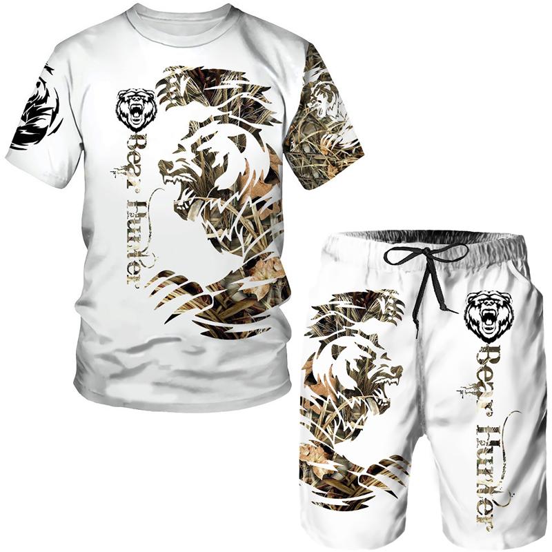 Tricou bărbați Seturi 2 piese Îmbrăcăminte sport de vară Ținute Vintage Litere Animale Pantaloni scurți 3D Trening Men Streetwear Tiger Wolf Model Tricou Set