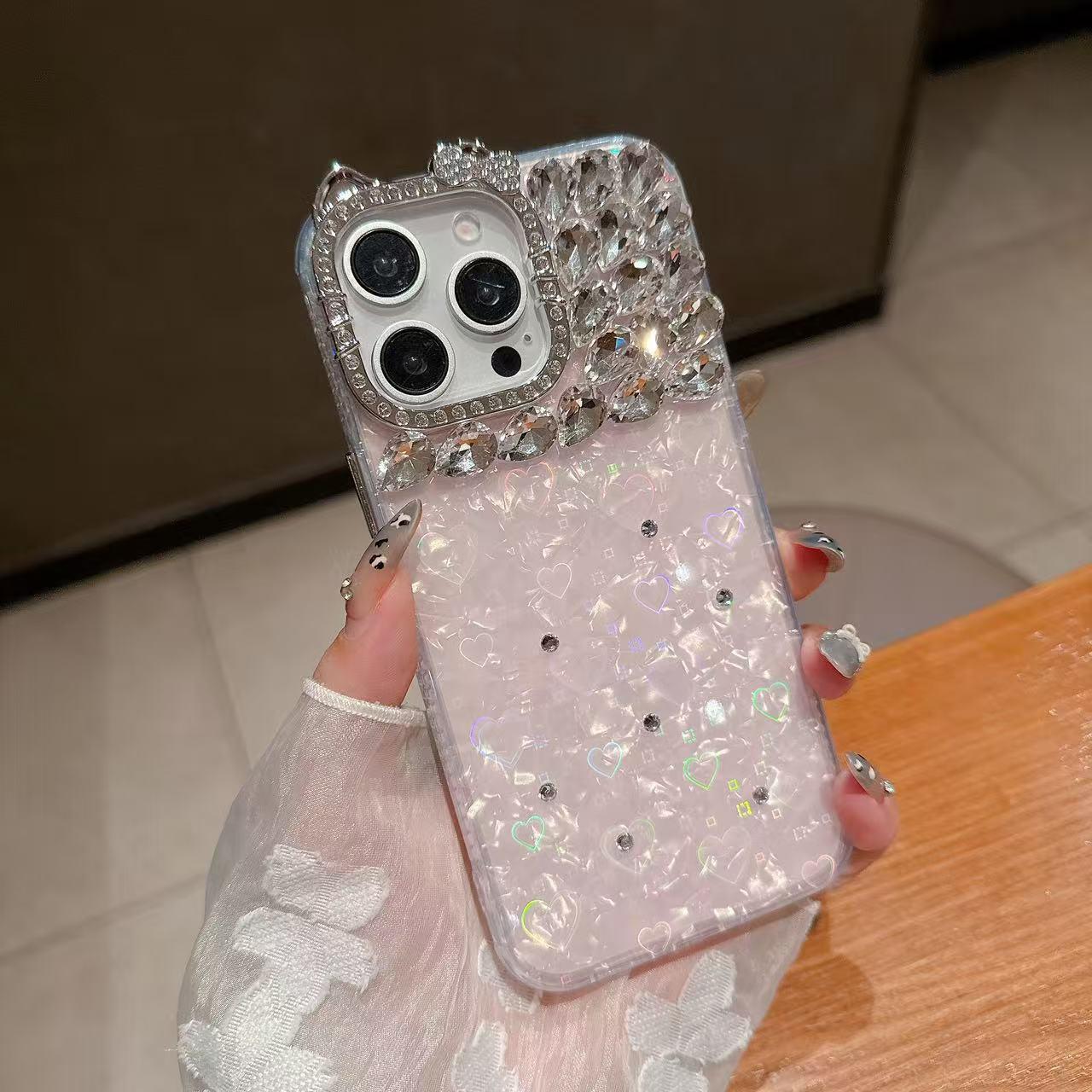 

Large Hole Cat Glasses Frame Shell Pattern Phone Case for 17 Pro Max/15 Pro with Half Diamond Design – Compatible with Models 11/16. 15 Pro
