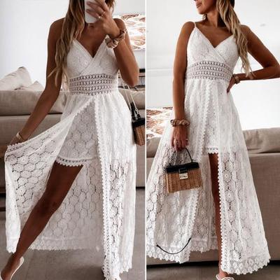 Beach Dress Hollow Out Lace Summer V Neck Long Dress Shorts Playsuit for Beach