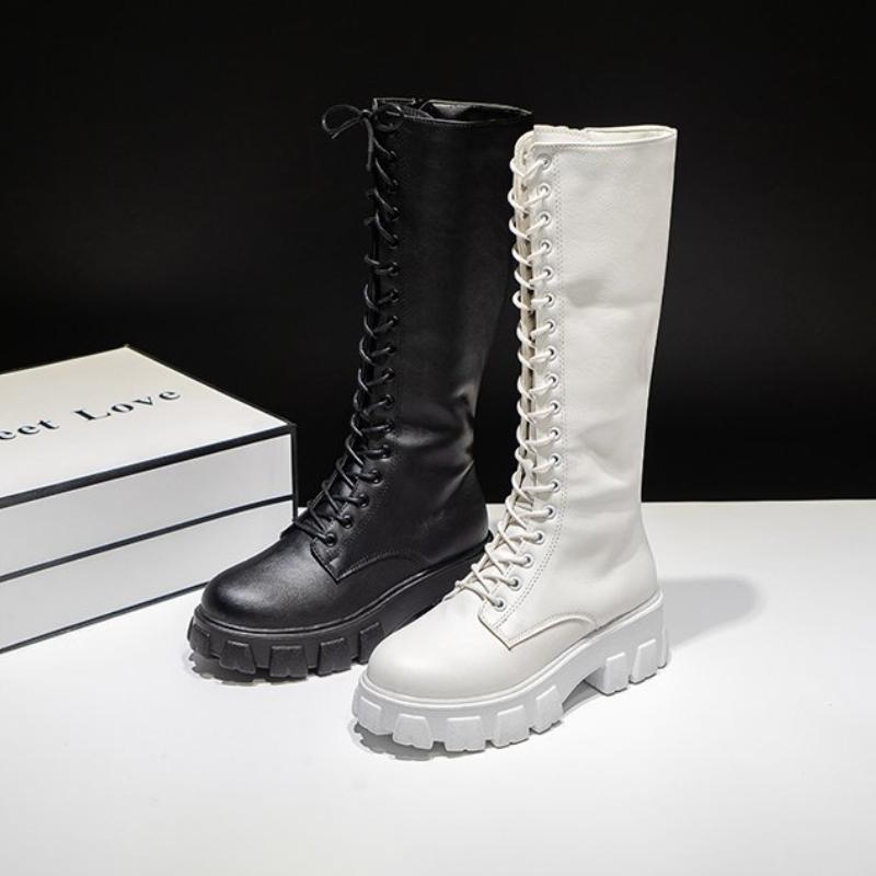 Fashion Long Women Boots Trendy Sexy Zipper Pu Leather Women Boot Designer Punk Work Boots for Lady Platform Thick Heel Motorcycle Boots