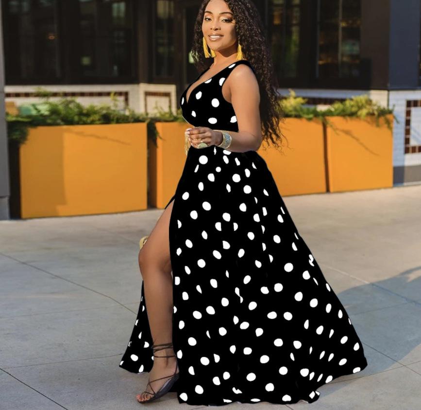 Printed Waisted Midi Temperament Commuter Long Dress Sexy Split Dresses with Another Belt