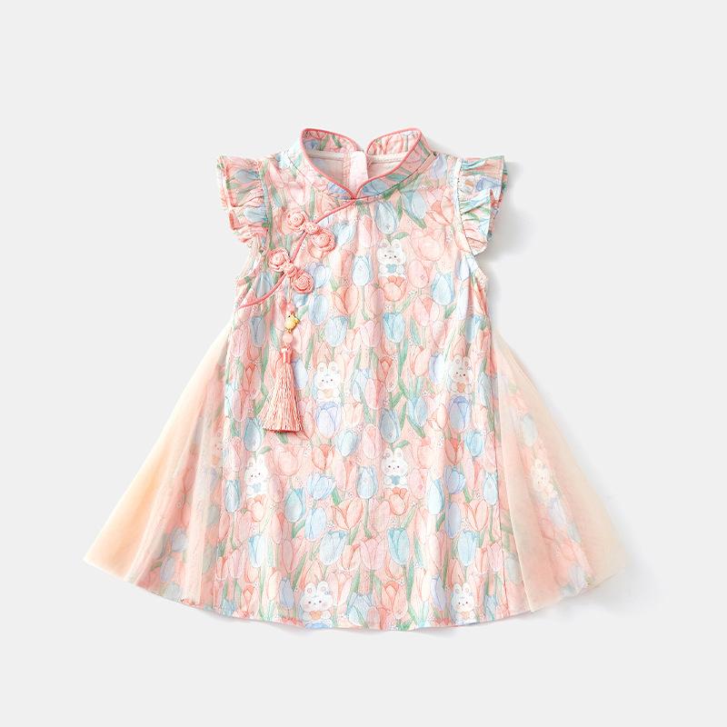 Summer Thin New Chinese Baby Girl Princess Dress Mesh Floral Dress 90