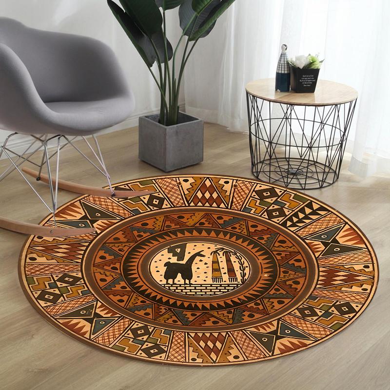 Bohemian Tribal Pattern Round Rug Collection Non Slip Wear Resistant Soft Washable Living Room Bedroom Decor Rug